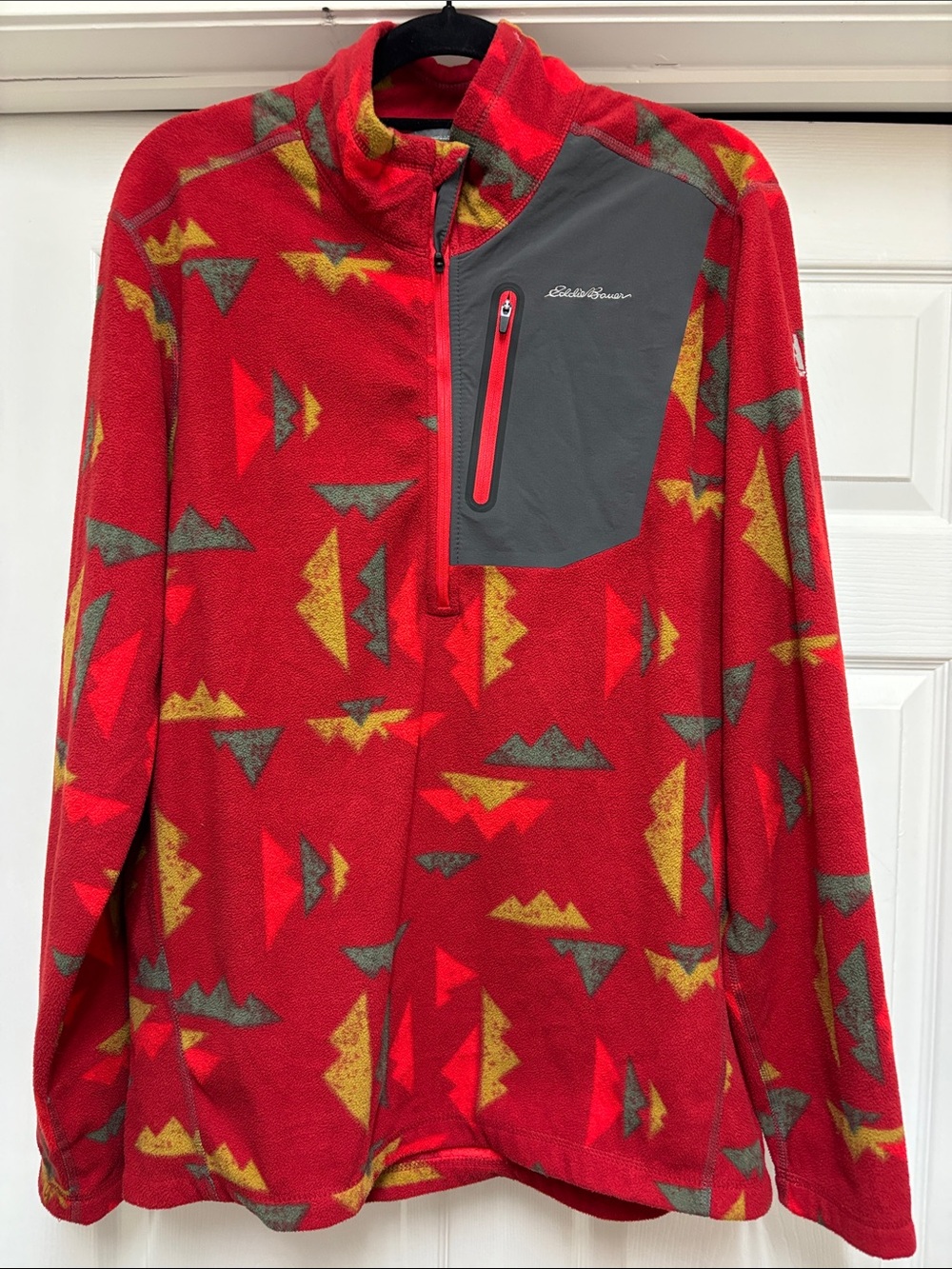 Eddie Bauer Red Geometric Quarter-Zip Fleece with Contrast Chest Pocket